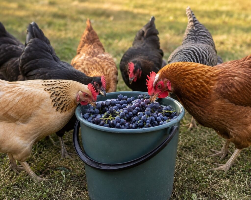 Chickens eat grapes photo
